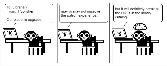 A comic strip about platform upgrade emails from publishers