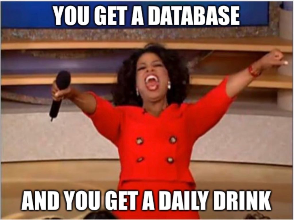 Meme photo of Oprah, saying "You get a database and you get a daily drink."
