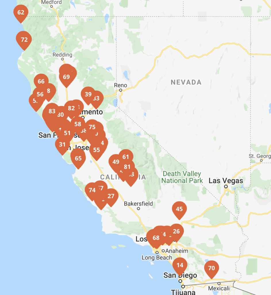 A picture of a map of California cheesemakers
