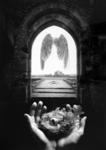 A photo montage by Jerry Uelsmann, with hands holding a birds nest, in front of an archway, with bird wings