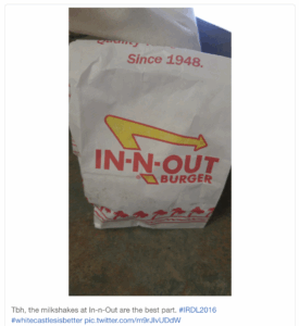 Screen capture of a tweet from a Scholar, proof of going to In-n-Out, in order to win a badge