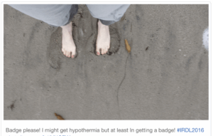 Screen capture of a tweet from a Scholar, proof of dipping at least a toe in the Pacific Ocean, in order to win a badge